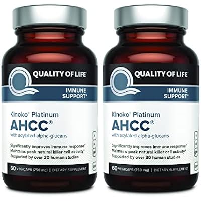 Quality of Life AHCC Kinoko Platinum 750 mg Premium Immune Support Supplement - Pack of 2, 60 Count Bottles