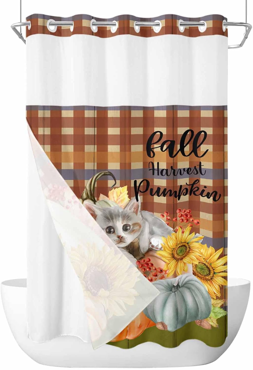 No Hook Shower Curtains, Fall Pumpkin Small Shower Curtains with Snap in Liner, Farmhouse Harvest Sunflower Cat Plaid Waterproof Washable Fabric Bathroom Shower Curtain Sets, 36 x 72"