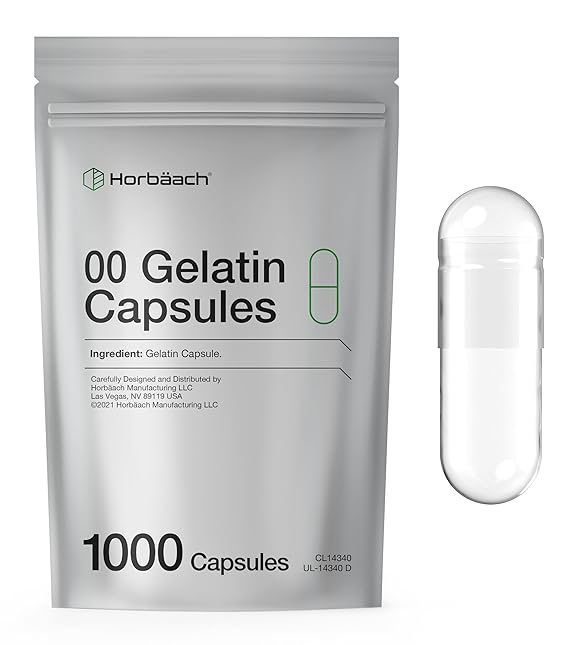 Empty Capsules Size 00 | 1000 Clear Gelatin Capsules | Resealable Bag | Non-GMO, Gluten Free | By Horbaach